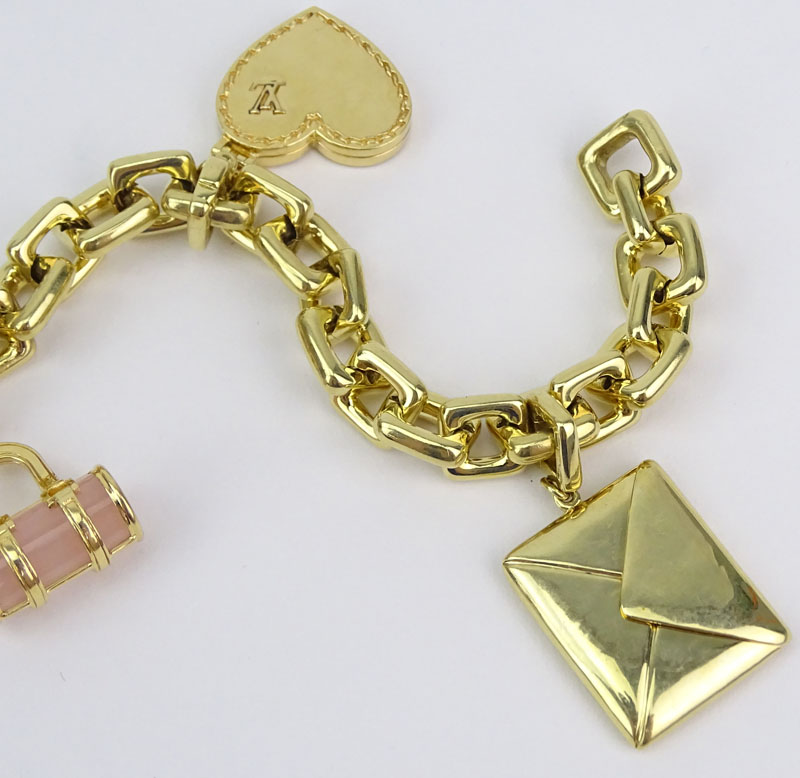 Louis Vuitton Heavy 18 Karat Yellow Gold and Pink Quartz Charm Bracelet with Four Charms. Signed, - Image 2 of 10