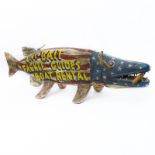 Large Wood Carved Fish Advertising Trade Sign. Inscribed "Chequamegon Bay, Ojibwa Indian Lac Du