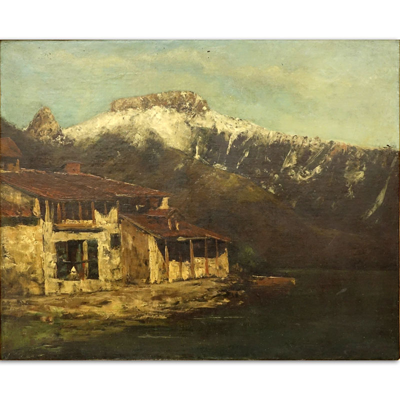 European School Oil On Canvas "Alpine Landscape". Signed indistinctly lower right. Light