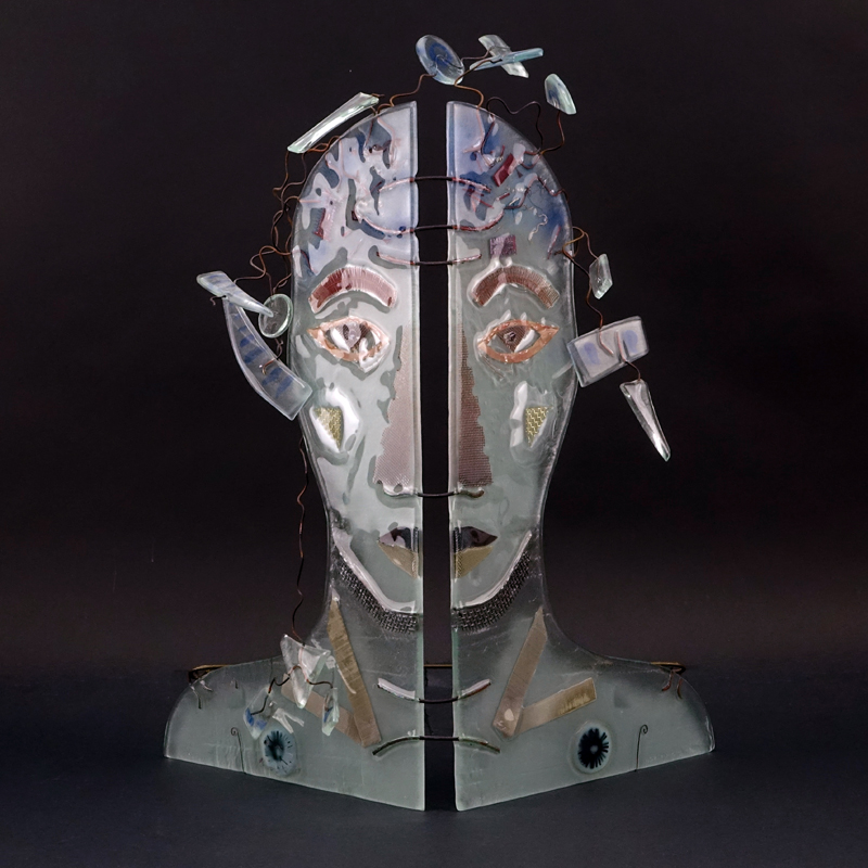 Peter Mangan, American (20th C.) Glass and Metal Figural Sculpture Dated 1990. Some rubbing to metal