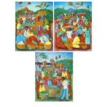 Three (3) Decorative Haitian Acrylic On Canvas Paintings "Market Scenes" Signed J. Paul. Good