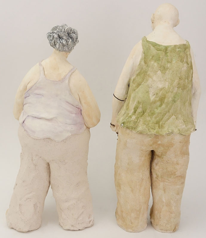 Two Contemporary Pottery Figures. Man And Woman With Sticks. Impressed initials LJK. Good condition. - Image 5 of 7