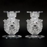 Pair of Lalique "Mesanges" Clear and Frosted Crystal Candlesticks with Inserts. Signed. Scuffs on