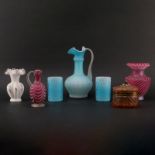 Collection of Seven (7) Antique and Vintage Glass Tabletop Items. Includes: cased glass ewer and