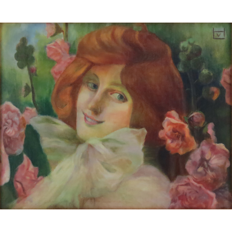 Attributed to: Ludwig von Hofmann, German (1861-1945) Oil on Artist Board, Girl with Flowers. Artist