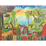 Contemporary Haitian Acrylic On Canvas "Jungle Scene" Signed lower right Jacky ____. Good condition.