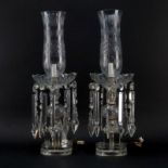 Pair of Mid Century Italian Cut Crystal Hurricane Lamps with Hanging Prisms. Few nicks to several