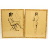 Two (2) Charcoal Drawings On Manila Paper "Nude Study". Signed H.N. Higler?, dated '91. Good