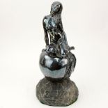 Yaacov Heller, Israeli (B. 1941) Silver Sculpture on Stone Base "Girl Atop Apple" Signed and