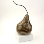 Contemporary Carved Marble Pear Sculpture On White Onyx Base. Initialed CS. Good condition. Measures