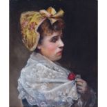 19th Century Continental School Oil On Canvas "Woman With Hat and Lace Shawl". Signed indistinctly