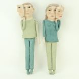 Pair of Hand Made Jointed Pottery Figures "Boy and Girl With Masks" Signed in marker Hindes. Good