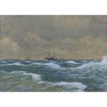 Early 20th Century Russian Ukrainian Watercolor and Gouache on Paper "Ship In Choppy Seas" Signed in