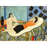 Dutch Modernist School Oil On Cardboard "Nude With Lady In Repose" Unsigned. Good condition.