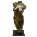 Contemporary Bronze Sculpture of a Female Torso on Fitted Wooden Base. Signed F.B.M., SR, No. 9 on