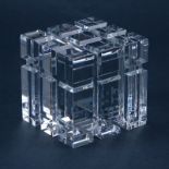 Vintage Baccarat Heavy Crystal Cube Sculpture. Etched Signature (logo). Minor Surface Scratches