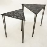 Two Contemporary Welded Steel Nesting Tables. Both with triangular shape and dremeled swirl