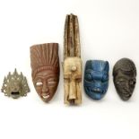 Lot of Five Vintage Masks. Includes African and Tibetan. Unsigned. Wear and Rubbing, losses. Largest