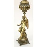 Large Mid Century Gilt Bronze and Onyx Winged Figural Piano Lamp Signed Beer. Needs cleaning.