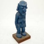 Modern Composition Blue Male Figurine on Wooden Plinth. Unsigned. Rubbing otherwise good