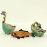 Three (3) 20th Century Japanese Moriage Pottery Figures. Includes: two geese figures (both