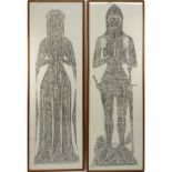 Pair of Large English Grave Rubbings of a Knight and Lady. Unsigned. Creasing to paper. Measures