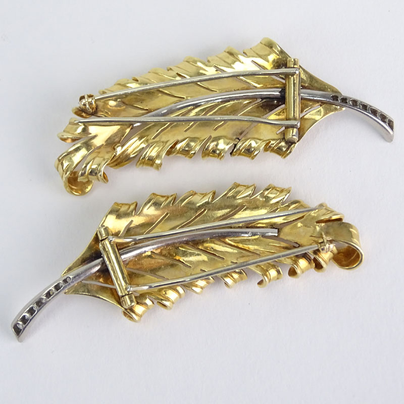 Pair of Vintage Buccellati style 14 Karat Yellow and White Gold Leaf Brooches Accented with Small - Image 2 of 2