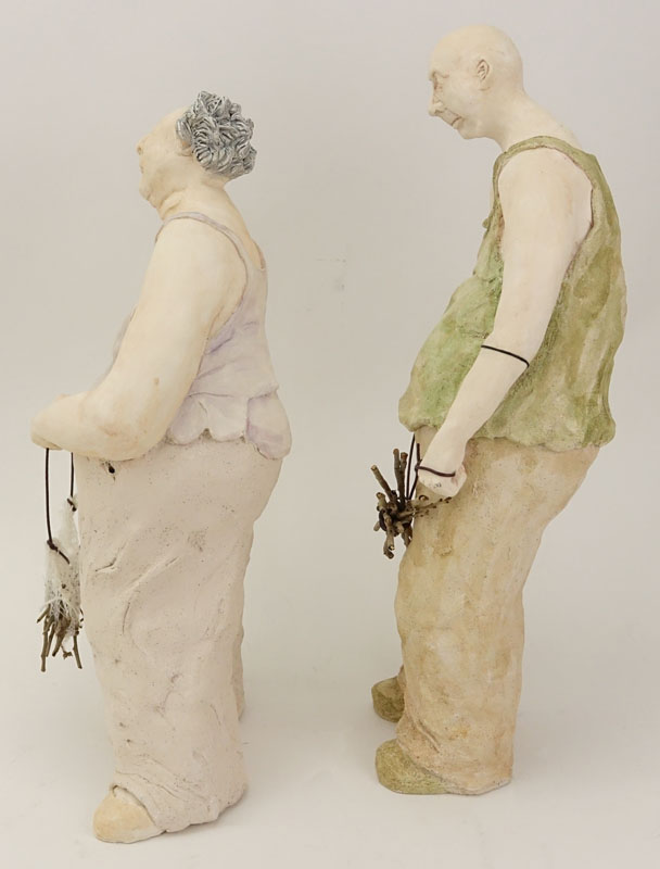 Two Contemporary Pottery Figures. Man And Woman With Sticks. Impressed initials LJK. Good condition. - Image 6 of 7