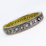 Rose Cut Diamond, 18 Karat Yellow Gold and Silver Bangle Bracelet. Unsigned. Good condition.