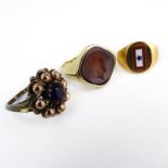 Three (3) Vintage 10 Karat Yellow Gold Rings Including Carved Carnelian, Amethyst and Enamel.