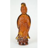 Probably American Amber Glass Figure of Guanyin with Ground Pontil. Unsigned. Good Condition or