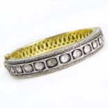 Rose Cut Diamond, 18 Karat Yellow Gold and Silver Bangle Bracelet. Unsigned. Good condition.