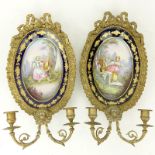 Pair French Sevres Style Gilt Bronze And Hand painted Porcelain Two Light Sconces. Unsigned. Good