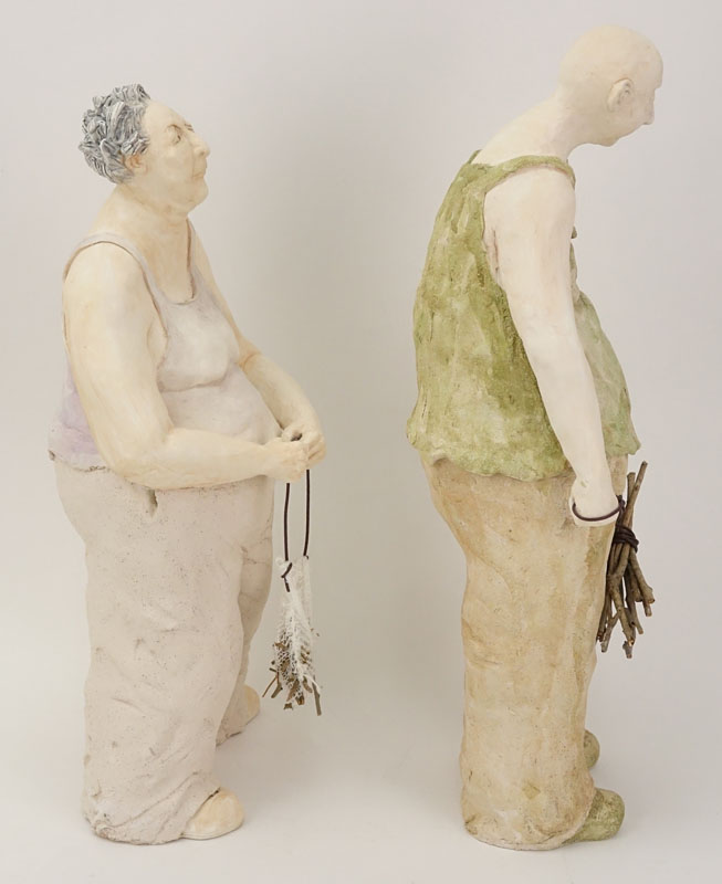 Two Contemporary Pottery Figures. Man And Woman With Sticks. Impressed initials LJK. Good condition. - Image 4 of 7