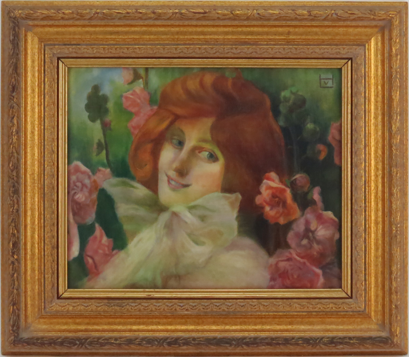 Attributed to: Ludwig von Hofmann, German (1861-1945) Oil on Artist Board, Girl with Flowers. Artist - Image 2 of 4