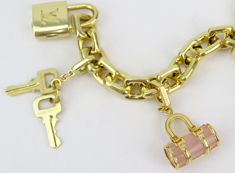 Louis Vuitton Heavy 18 Karat Yellow Gold and Pink Quartz Charm Bracelet with Four Charms. Signed, - Image 3 of 10