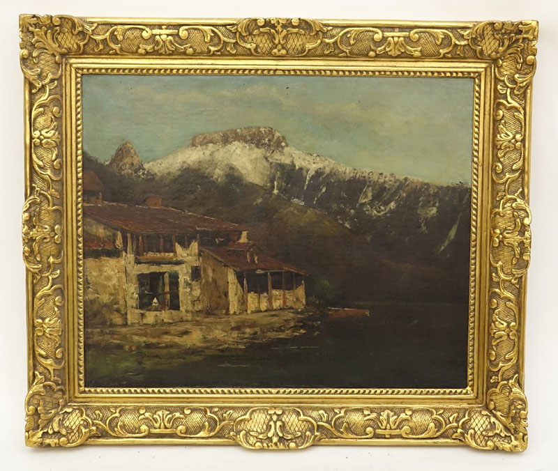 European School Oil On Canvas "Alpine Landscape". Signed indistinctly lower right. Light - Image 2 of 6