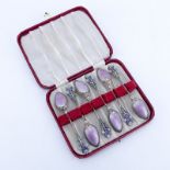 Set of Six (6) 950 Silver Enameled Demitasse Spoons. Each with floral motif in custom case.