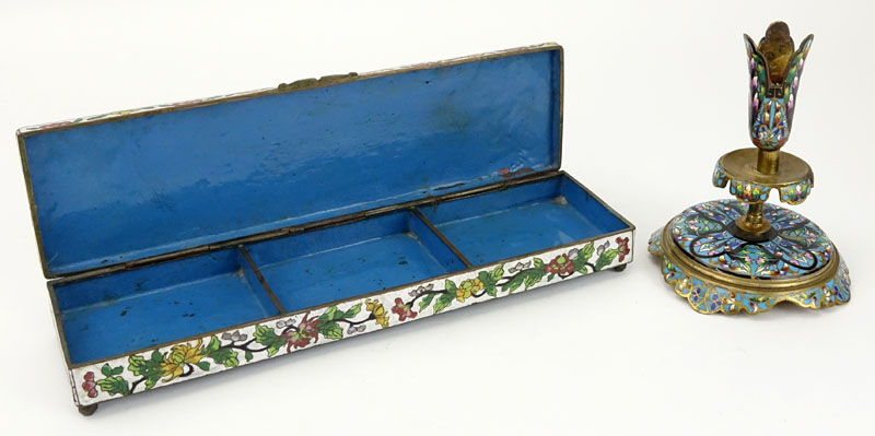 Two (2) Piece Lot of Vintage Chinese Cloisonné Table Top Items. Includes a long box, signed China - Image 3 of 7