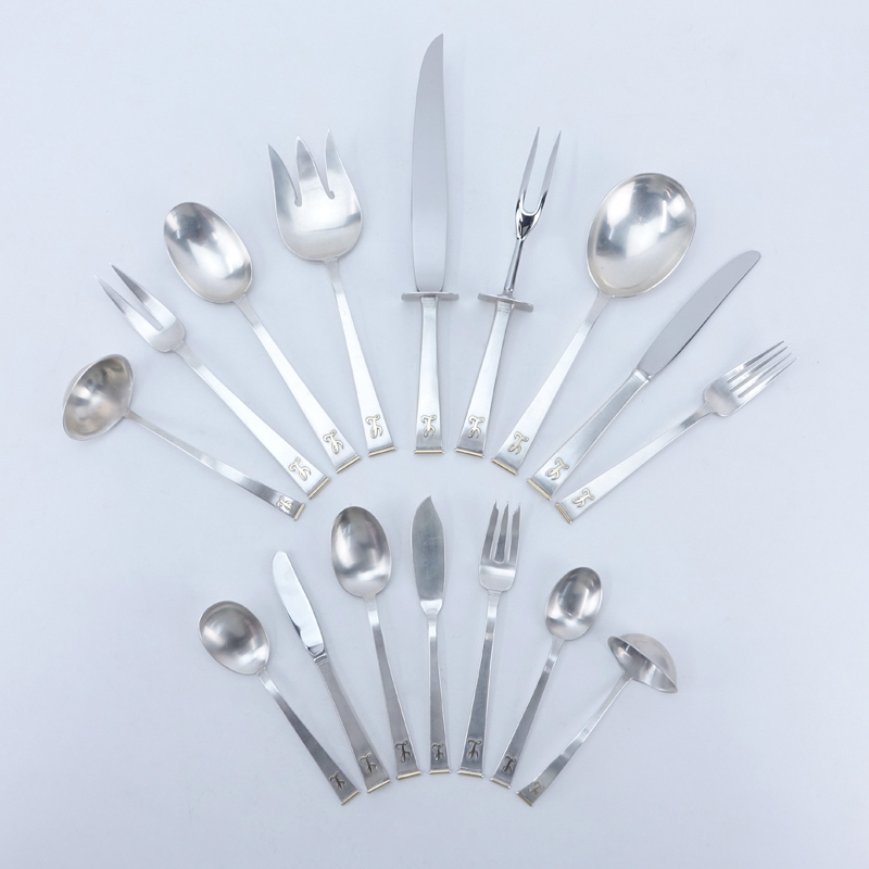 Ninety-Five (95) Pc Gorham "Gold Tip" Sterling and 18k Gold Flatware Set. Comprises: 12 forks 7-1/