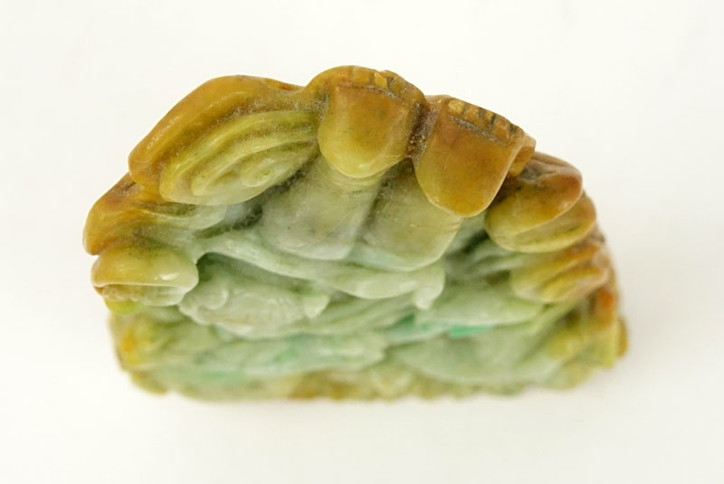 Chinese Jade Dragon with Figure Carving. Light green with amber color splashes. Natural wear or else - Image 6 of 7