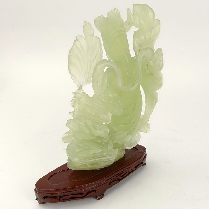 Chinese Carved Jadeite Guanyin Figurine on Wooden Base. Natural cracks and inclusions or else good - Image 4 of 7