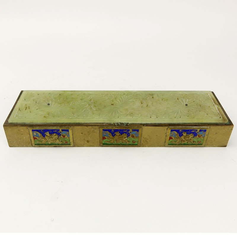 Antique Chinese Brass and Enamel Box with Carved Jade Top. Lined wooden interior. Brass surface is - Image 2 of 8