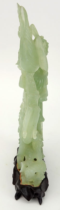 Chinese Carved Jadeite Guanyin Figurine on Wooden Base. Nicely detailed with pheasants. Natural - Image 7 of 7