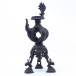 Early to Mid 19th Century Ancient Style Chinese/Tibetan Bronze Tripod Vessel with Spout. Unsigned.