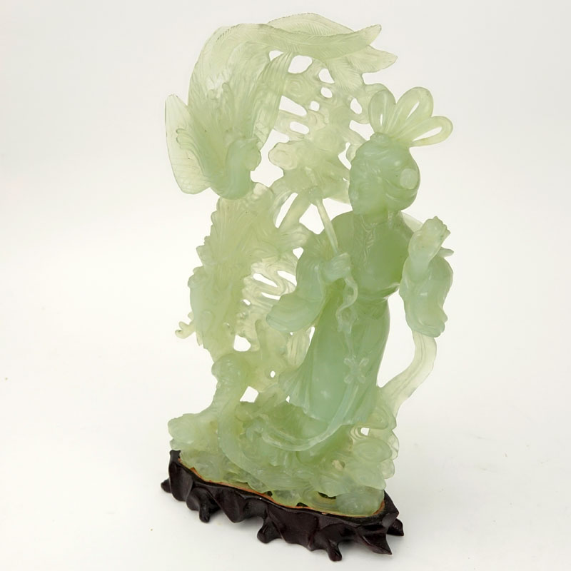 Chinese Carved Jadeite Guanyin Figurine on Wooden Base. Nicely detailed with pheasants. Natural - Image 3 of 7