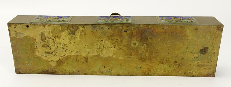 Antique Chinese Brass and Enamel Box with Carved Jade Top. Lined wooden interior. Brass surface is - Image 6 of 8