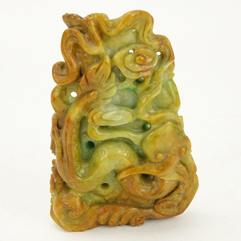 Chinese Jade Dragon with Figure Carving. Light green with amber color splashes. Natural wear or else - Image 4 of 7