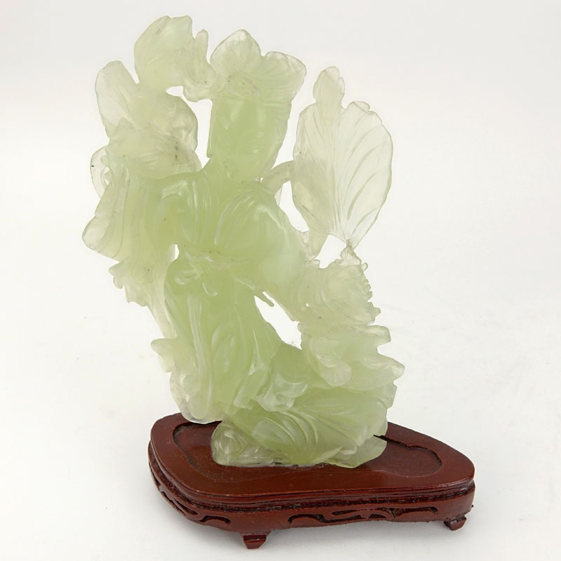 Chinese Carved Jadeite Guanyin Figurine on Wooden Base. Natural cracks and inclusions or else good