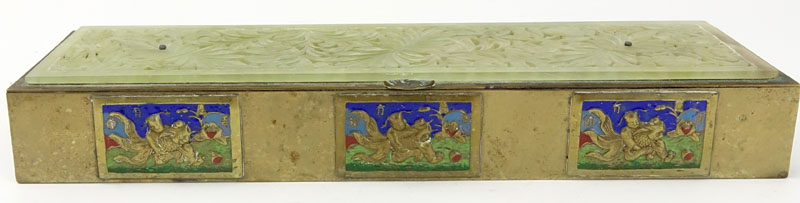 Antique Chinese Brass and Enamel Box with Carved Jade Top. Lined wooden interior. Brass surface is - Image 3 of 8